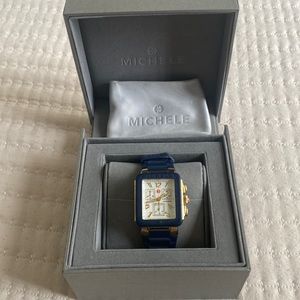 Womens used Michele jelly bean square watch navy & gold